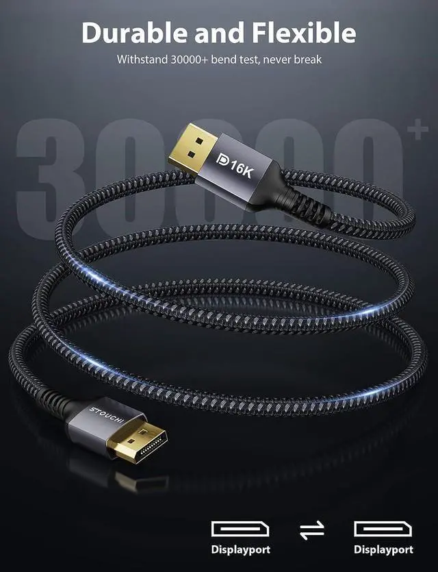 Alt view image 4 of 7 - Stouchi Displayport 2.1 Cable 10FT/3M, 80Gbps [16K@60Hz, 8K@120Hz, 4K@240Hz, 1080P@360Hz] HDR, HDCP, DSC 1.2a, FreeSync G-Sync DP Cable for Gaming Monitor, RTX 5090, RX 9070, RTX 6000 Ada