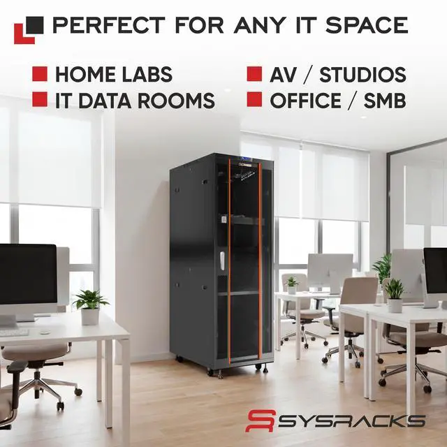 Alt view image 7 of 7 - Sysracks 32U Floor Standing Server Rack Cabinet, 39-Inch Deep, for 19-Inch EIA-310 Equipment, Glass Door, Fans and PDU
