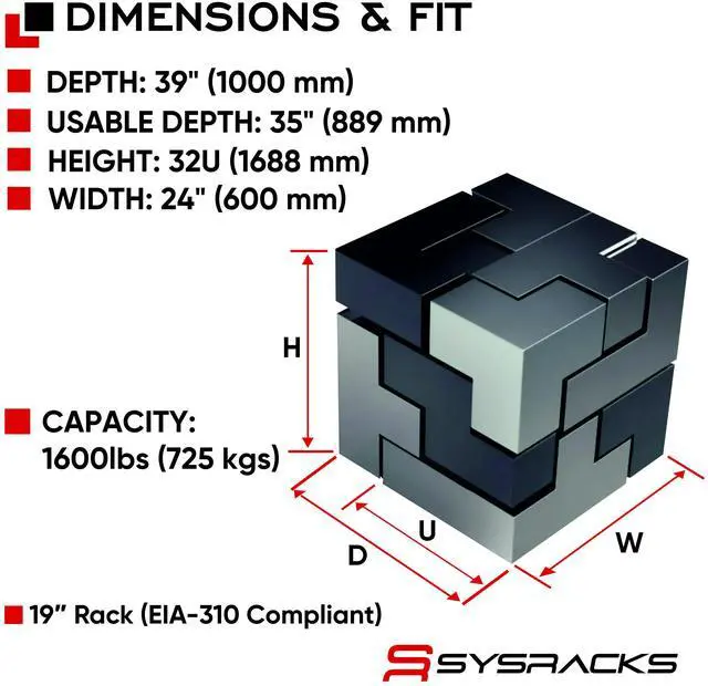 Alt view image 2 of 7 - Sysracks 32U Floor Standing Server Rack Cabinet, 39-Inch Deep, for 19-Inch EIA-310 Equipment, Glass Door, Fans and PDU