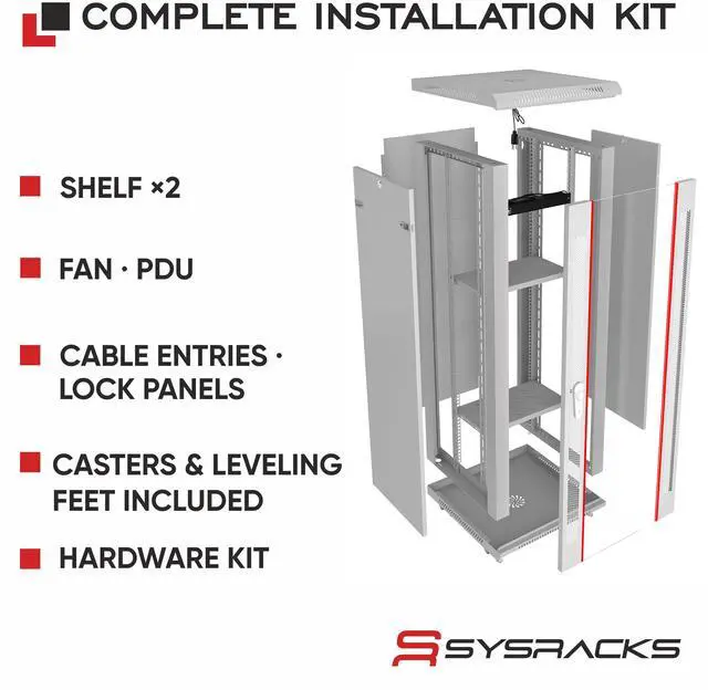 Alt view image 3 of 7 - Sysracks 18U Wall Mount Server Rack Cabinet, 24-Inch Deep, for 19-Inch Equipment, Glass Door, PDU and Shelves, Light Grey