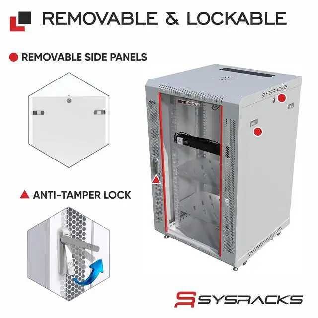 Alt view image 5 of 7 - Sysracks 18U Wall Mount Server Rack Cabinet, 24-Inch Deep, for 19-Inch Equipment, Glass Door, PDU and Shelves, Light Grey