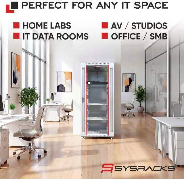 Alt view image 7 of 7 - Sysracks 18U Wall Mount Server Rack Cabinet, 24-Inch Deep, for 19-Inch Equipment, Glass Door, PDU and Shelves, Light Grey