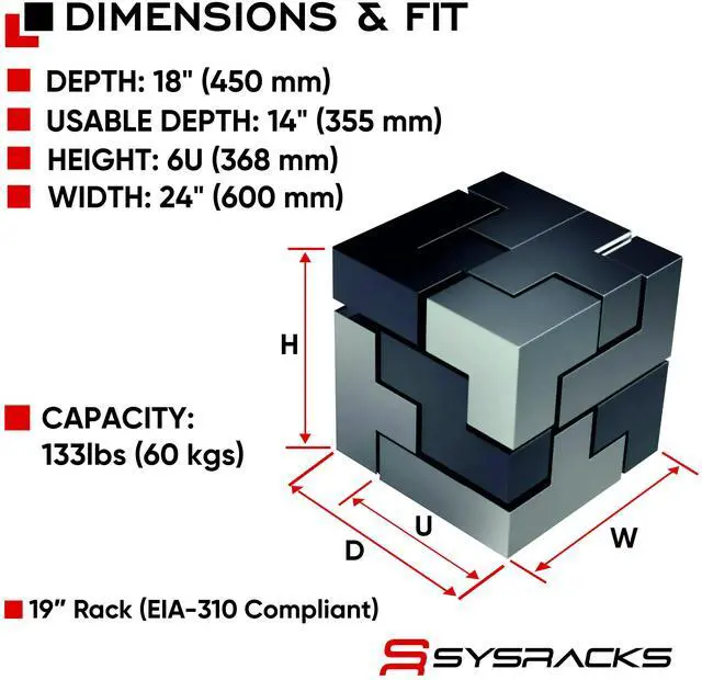 Alt view image 2 of 7 - Sysracks 6U Wall Mount Server Rack Cabinet, 18-Inch Deep, for 19-Inch Equipment, Glass Door, PDU and Shelf