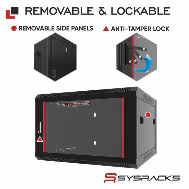 Alt view image 4 of 7 - Sysracks 6U Wall Mount Server Rack Cabinet, 24-Inch Deep, for 19-Inch Equipment, Locking Glass Door and Adjustable Rails