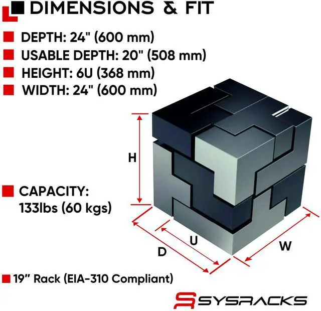Alt view image 2 of 8 - Sysracks 6U Wall Mount Server Rack Cabinet, 24-Inch Deep, for 19-Inch Equipment, PDU and Fan