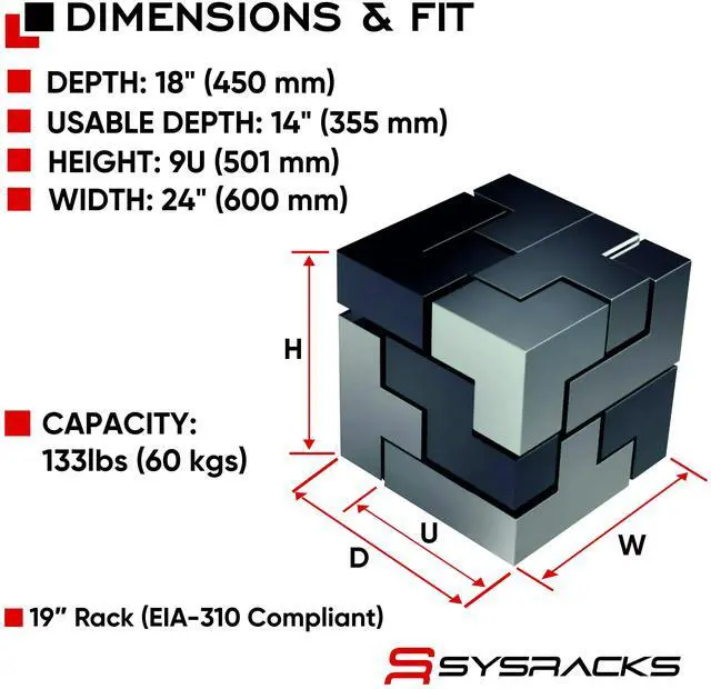 Alt view image 2 of 7 - Sysracks 9U Wall Mount Server Rack Cabinet, 18-Inch Deep, for 19-Inch Equipment, Glass Door