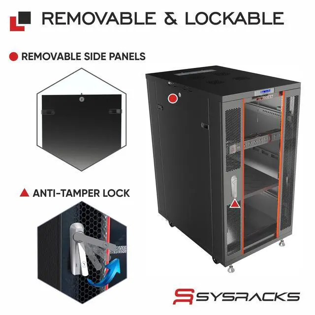 Alt view image 3 of 7 - Sysracks 18U Floor Standing Server Rack Cabinet, 32-Inch Deep, for 19-Inch EIA-310 Equipment, Glass Door, Fans and PDU