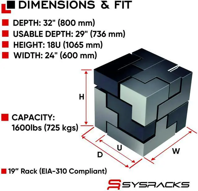 Alt view image 2 of 7 - Sysracks 18U Floor Standing Server Rack Cabinet, 32-Inch Deep, for 19-Inch EIA-310 Equipment, Glass Door, Fans and PDU