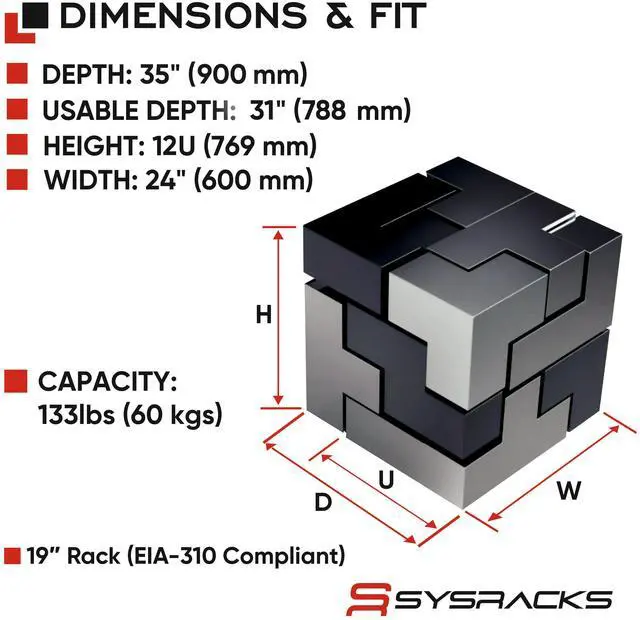 Alt view image 2 of 7 - Sysracks 12U Network Rack Cabinet, 35-Inch Deep, for 19-Inch IT Equipment, PDU, Cooling Fan and Lockable Panels