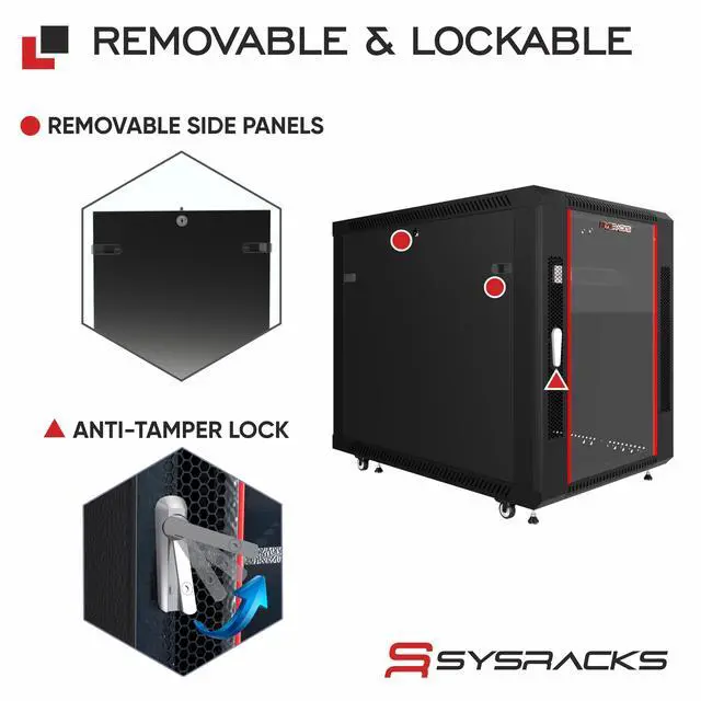 Alt view image 5 of 7 - Sysracks 12U Network Rack Cabinet, 35-Inch Deep, for 19-Inch IT Equipment, PDU, Cooling Fan and Lockable Panels