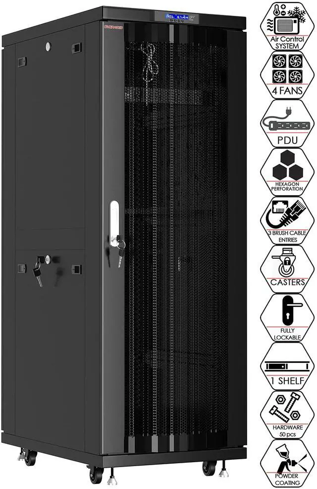 Main image of 42U Server Rack Cabinet, 39 Deep 19 Floor Standing Network Enclosure, 1600 lb Capacity, 35 Rail Depth, Mesh Doors, 4 Fans, PDU, Shelf & Mounting Hardware