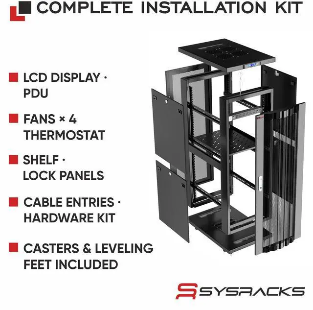 Alt view image 3 of 7 - 42U Server Rack Cabinet, 39 Deep 19 Floor Standing Network Enclosure, 1600 lb Capacity, 35 Rail Depth, Mesh Doors, 4 Fans, PDU, Shelf & Mounting Hardware