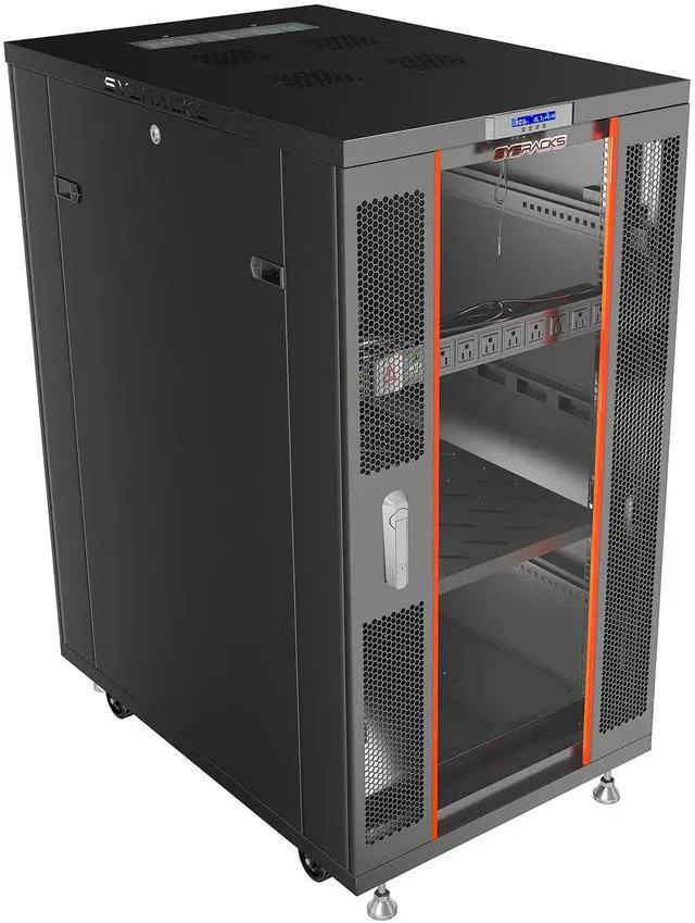 Main image of Sysracks 22U Server Rack Cabinet, 39" Deep, Glass Door, 19-Inch | 4-fan thermostat cooling, 8-outlet PDU, shelf, casters, cable entry brushes