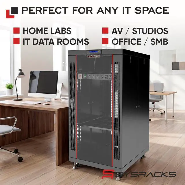 Alt view image 7 of 7 - Sysracks 22U Server Rack Cabinet, 39" Deep, Glass Door, 19-Inch | 4-fan thermostat cooling, 8-outlet PDU, shelf, casters, cable entry brushes