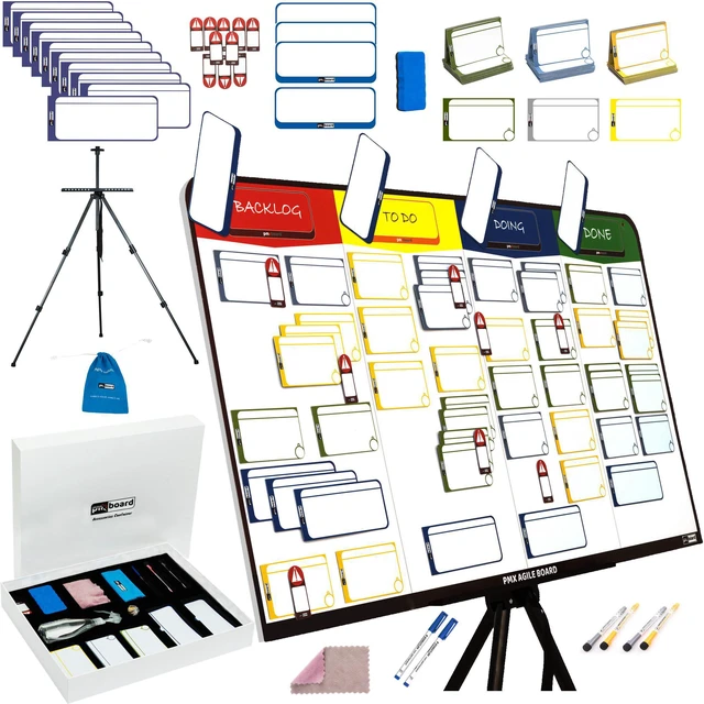 Main image of PMXBOARD Full Magnetic Agile Board Kit, 42" x 23" Kanban & Scrum Dry Erase Project Management Board with Easel, 84 Magnetic Cards, Markers & Accessories