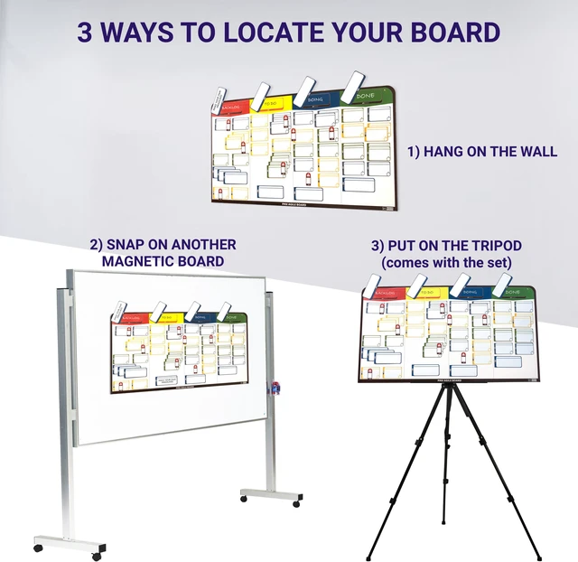 Alt view image 4 of 9 - PMXBOARD Full Magnetic Agile Board Kit, 42" x 23" Kanban & Scrum Dry Erase Project Management Board with Easel, 84 Magnetic Cards, Markers & Accessories