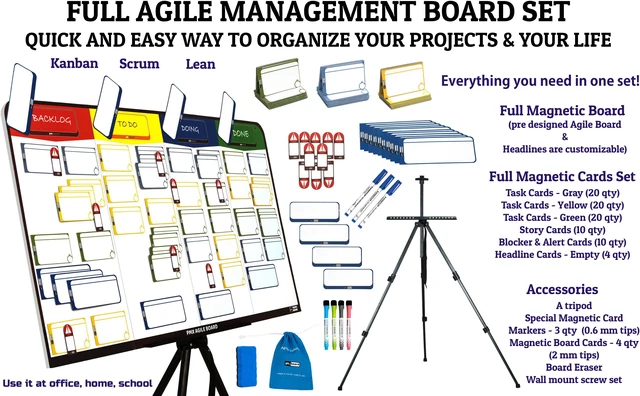 Alt view image 5 of 9 - PMXBOARD Full Magnetic Agile Board Kit, 42" x 23" Kanban & Scrum Dry Erase Project Management Board with Easel, 84 Magnetic Cards, Markers & Accessories