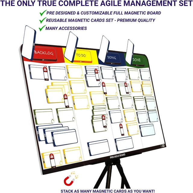 Alt view image 7 of 9 - PMXBOARD Full Magnetic Agile Board Kit, 42" x 23" Kanban & Scrum Dry Erase Project Management Board with Easel, 84 Magnetic Cards, Markers & Accessories