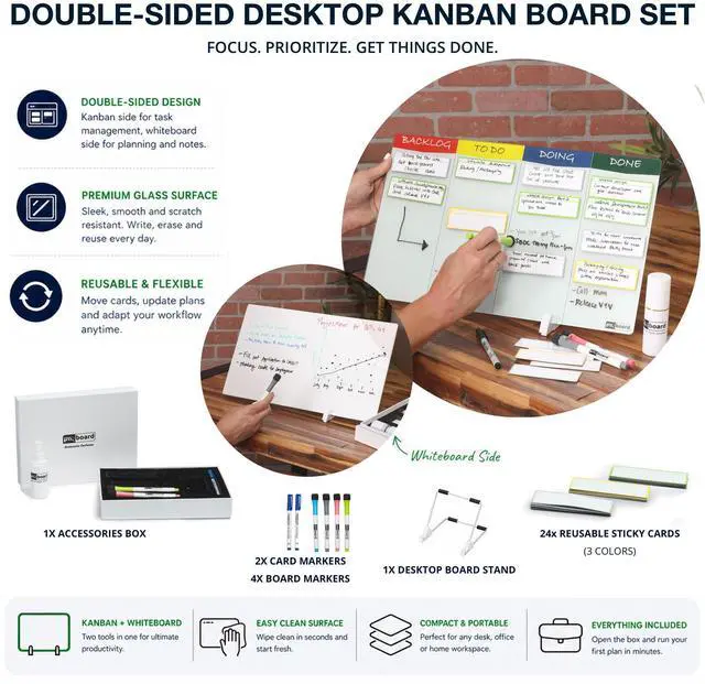 Alt view image 7 of 7 - PMXBOARD Desktop Kanban Board & Whiteboard, Double-Sided 18" x 11" Glass Dry Erase Board with Stand, 24 Reusable Magnetic Task Cards, 6 Markers, Agile Scrum Project Management Desk Planner