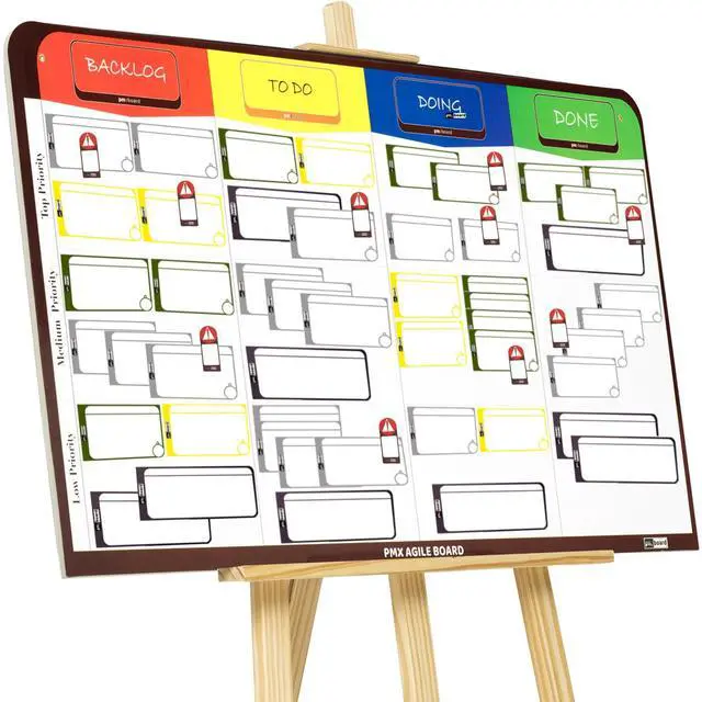 Main image of PMXBOARD Full Magnetic Agile Board Kit, 42" x 23" Kanban & Scrum Dry Erase Project Management Board with Easel, 84 Magnetic Cards, Markers & Accessories