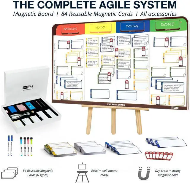 Alt view image 2 of 7 - PMXBOARD Full Magnetic Agile Board Kit, 42" x 23" Kanban & Scrum Dry Erase Project Management Board with Easel, 84 Magnetic Cards, Markers & Accessories