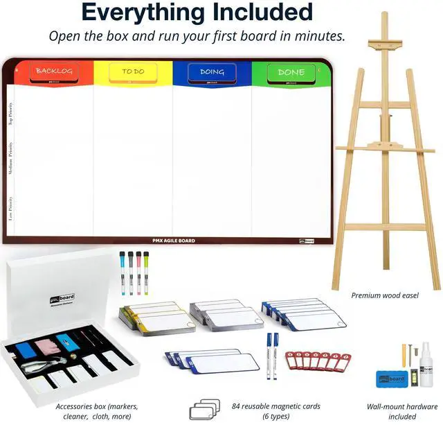 Alt view image 3 of 7 - PMXBOARD Full Magnetic Agile Board Kit, 42" x 23" Kanban & Scrum Dry Erase Project Management Board with Easel, 84 Magnetic Cards, Markers & Accessories