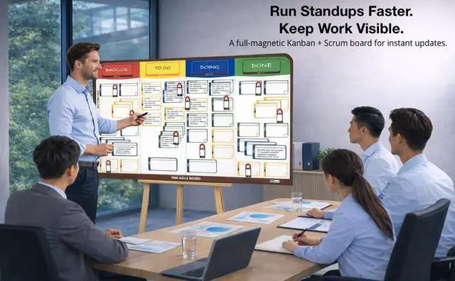 Alt view image 6 of 7 - PMXBOARD Full Magnetic Agile Board Kit, 42" x 23" Kanban & Scrum Dry Erase Project Management Board with Easel, 84 Magnetic Cards, Markers & Accessories