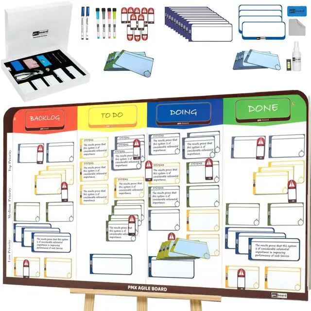 Alt view image 7 of 7 - PMXBOARD Full Magnetic Agile Board Kit, 42" x 23" Kanban & Scrum Dry Erase Project Management Board with Easel, 84 Magnetic Cards, Markers & Accessories