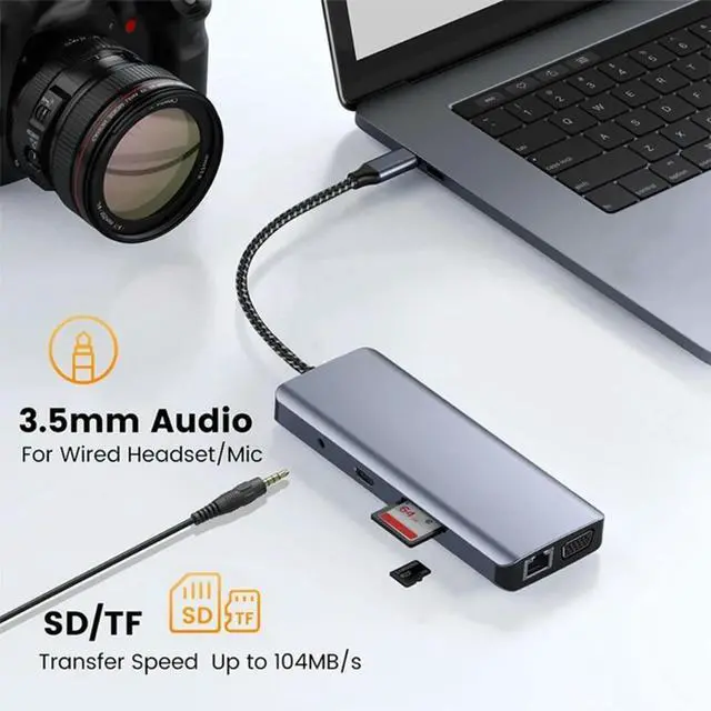 Alt view image 2 of 2 - 10 in 1 Type C Splitter to USB Adapter VGA TF Card Reader Multiple Port 3.5mm Dock Station USB for Notebook Laptop
