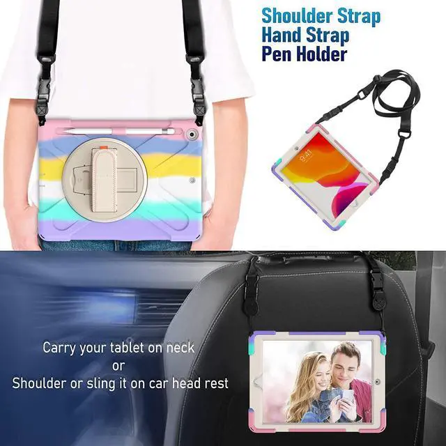 Alt view image 3 of 7 - iPad 10.2 9th 8th 7th Gen Case, Shockproof Heavy Duty Rugged Stand Pencil Holder Carrying Strap Sling for Apple iPad 10.2 inch 2021/2020/2019 [Shield Pastel Rainbow]