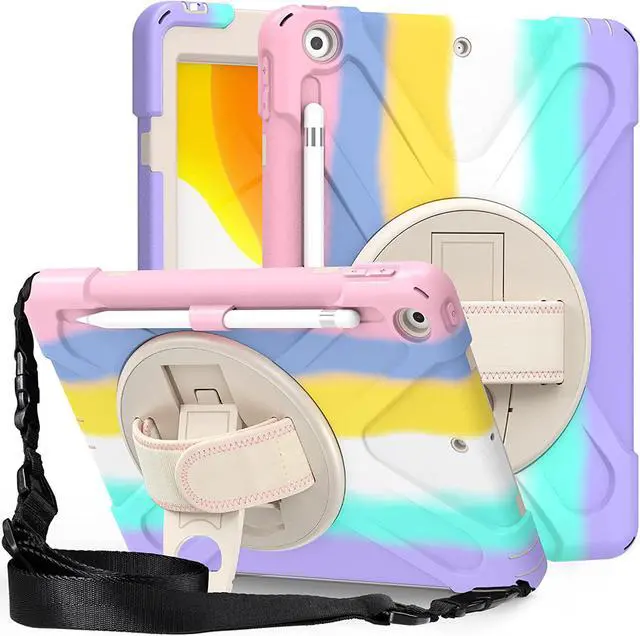 Main image of iPad 10.2 9th 8th 7th Gen Case, Shockproof Heavy Duty Rugged Stand Pencil Holder Carrying Strap Sling for Apple iPad 10.2 inch 2021/2020/2019 [Shield Pastel Rainbow]