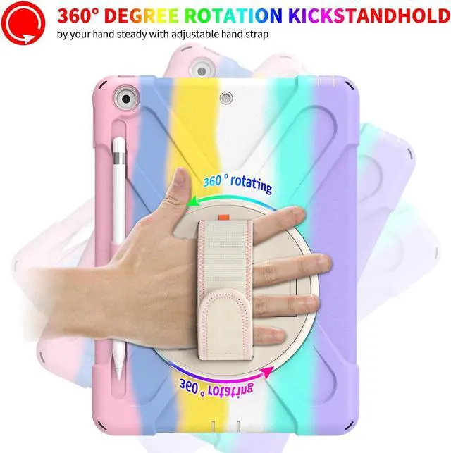 Alt view image 2 of 7 - iPad 10.2 9th 8th 7th Gen Case, Shockproof Heavy Duty Rugged Stand Pencil Holder Carrying Strap Sling for Apple iPad 10.2 inch 2021/2020/2019 [Shield Pastel Rainbow]