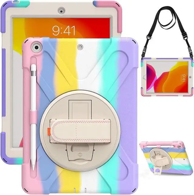 Alt view image 6 of 7 - iPad 10.2 9th 8th 7th Gen Case, Shockproof Heavy Duty Rugged Stand Pencil Holder Carrying Strap Sling for Apple iPad 10.2 inch 2021/2020/2019 [Shield Pastel Rainbow]