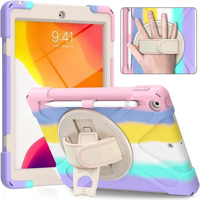 Alt view image 7 of 7 - iPad 10.2 9th 8th 7th Gen Case, Shockproof Heavy Duty Rugged Stand Pencil Holder Carrying Strap Sling for Apple iPad 10.2 inch 2021/2020/2019 [Shield Pastel Rainbow]