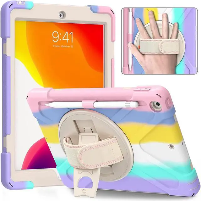 Alt view image 5 of 7 - iPad 10.2 9th 8th 7th Gen Case, Shockproof Heavy Duty Rugged Stand Pencil Holder Carrying Strap Sling for Apple iPad 10.2 inch 2021/2020/2019 [Shield Pastel Rainbow]