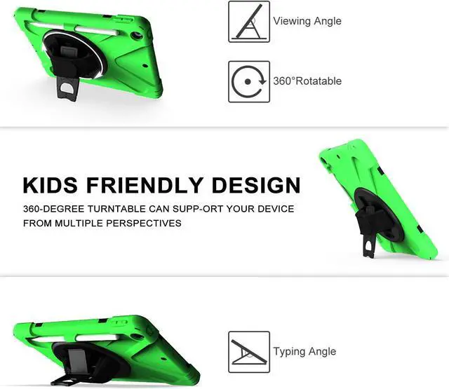 Alt view image 4 of 7 - iPad 10.2 9th 8th 7th Gen Case, Shockproof Heavy Duty Rugged Stand Pencil Holder Carrying Strap Sling for Apple iPad 10.2 inch 2021/2020/2019 [Shield Green]