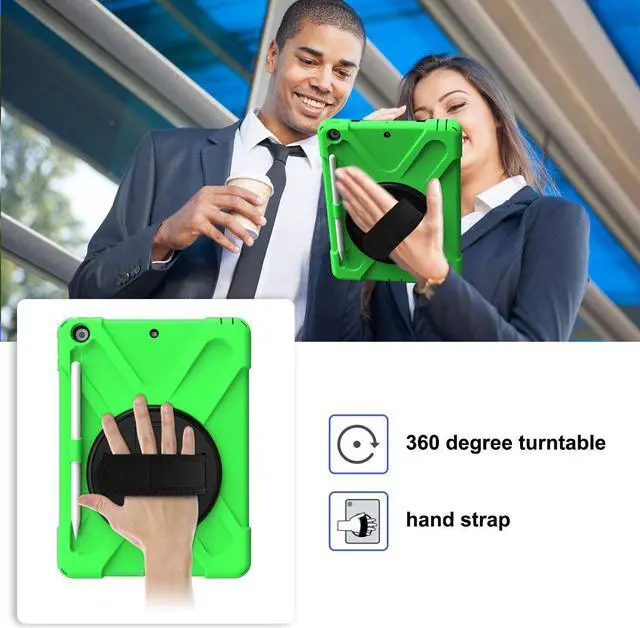 Alt view image 7 of 7 - iPad 10.2 9th 8th 7th Gen Case, Shockproof Heavy Duty Rugged Stand Pencil Holder Carrying Strap Sling for Apple iPad 10.2 inch 2021/2020/2019 [Shield Green]