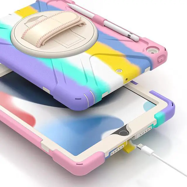 Alt view image 2 of 7 - iPad 9th 8th 7th Gen Case 10.2, Heavy Duty Shockproof Protection, Kickstand, Hand Strap, Pencil Holder Loop, Carry Shoulder Sling for Apple iPad 9th Gen 10.2" [2019/2020/2021] Rainbow Pastel