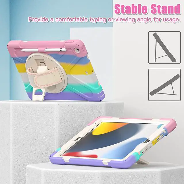 Alt view image 5 of 7 - iPad 9th 8th 7th Gen Case 10.2, Heavy Duty Shockproof Protection, Kickstand, Hand Strap, Pencil Holder Loop, Carry Shoulder Sling for Apple iPad 9th Gen 10.2" [2019/2020/2021] Rainbow Pastel