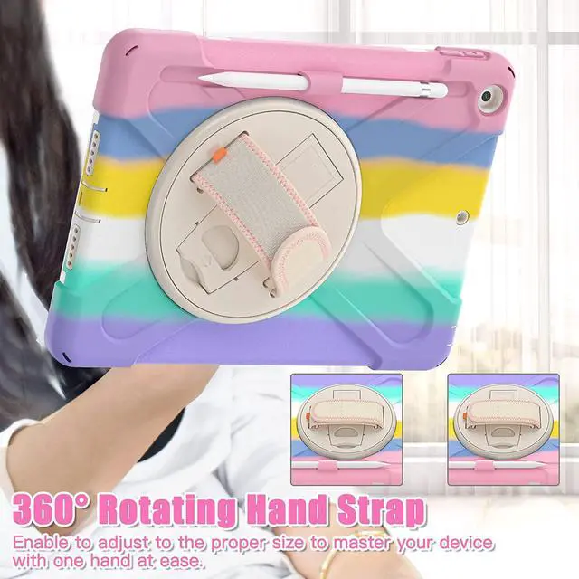 Alt view image 6 of 7 - iPad 9th 8th 7th Gen Case 10.2, Heavy Duty Shockproof Protection, Kickstand, Hand Strap, Pencil Holder Loop, Carry Shoulder Sling for Apple iPad 9th Gen 10.2" [2019/2020/2021] Rainbow Pastel