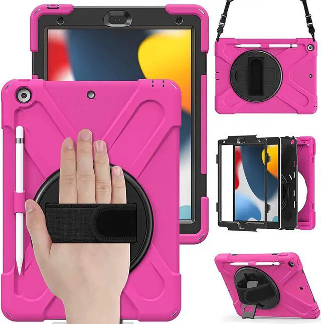 Alt view image 2 of 7 - iPad 10.2 9th Generation Case, Shockproof Heavy Duty, Kickstand, Handstrap, Carrying Sling Strap, Pencil Holder, Cover for Apple iPad 10.2 inch 9th 8th 7th Gen 2021/2020/2019 Shield Hot Pink