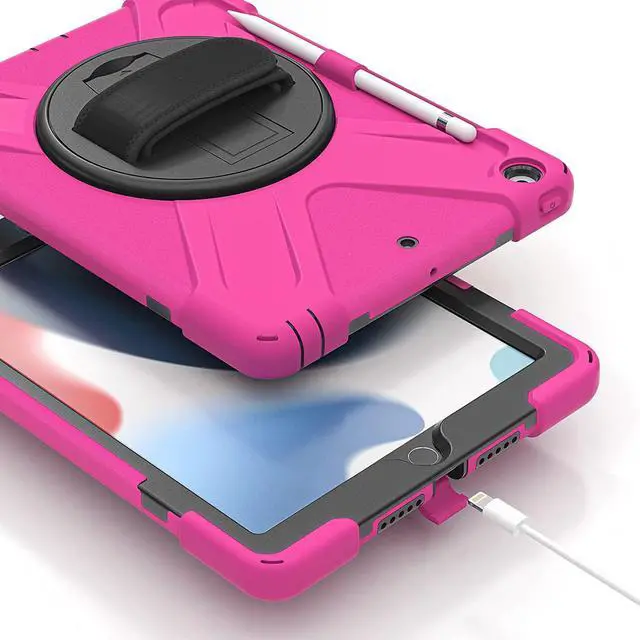 Alt view image 3 of 7 - iPad 10.2 9th Generation Case, Shockproof Heavy Duty, Kickstand, Handstrap, Carrying Sling Strap, Pencil Holder, Cover for Apple iPad 10.2 inch 9th 8th 7th Gen 2021/2020/2019 Shield Hot Pink