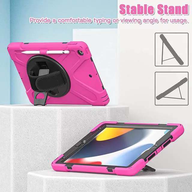 Alt view image 6 of 7 - iPad 10.2 9th Generation Case, Shockproof Heavy Duty, Kickstand, Handstrap, Carrying Sling Strap, Pencil Holder, Cover for Apple iPad 10.2 inch 9th 8th 7th Gen 2021/2020/2019 Shield Hot Pink