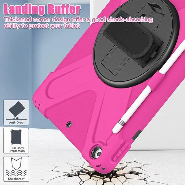Alt view image 4 of 7 - iPad 10.2 9th Generation Case, Shockproof Heavy Duty, Kickstand, Handstrap, Carrying Sling Strap, Pencil Holder, Cover for Apple iPad 10.2 inch 9th 8th 7th Gen 2021/2020/2019 Shield Hot Pink