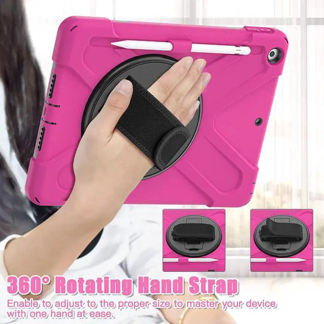 Alt view image 7 of 7 - iPad 10.2 9th Generation Case, Shockproof Heavy Duty, Kickstand, Handstrap, Carrying Sling Strap, Pencil Holder, Cover for Apple iPad 10.2 inch 9th 8th 7th Gen 2021/2020/2019 Shield Hot Pink