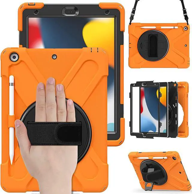 Alt view image 2 of 7 - iPad 10.2 9th Generation Case, Shockproof Heavy Duty, Kickstand, Handstrap, Carrying Sling Strap, Pencil Holder, Cover for Apple iPad 10.2 inch 9th 8th 7th Gen 2021/2020/2019 Shield Orange