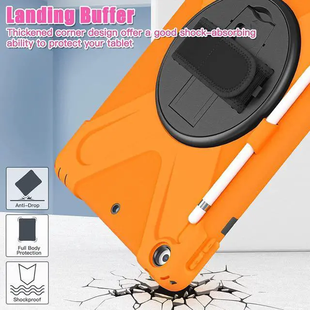 Alt view image 4 of 7 - iPad 10.2 9th Generation Case, Shockproof Heavy Duty, Kickstand, Handstrap, Carrying Sling Strap, Pencil Holder, Cover for Apple iPad 10.2 inch 9th 8th 7th Gen 2021/2020/2019 Shield Orange