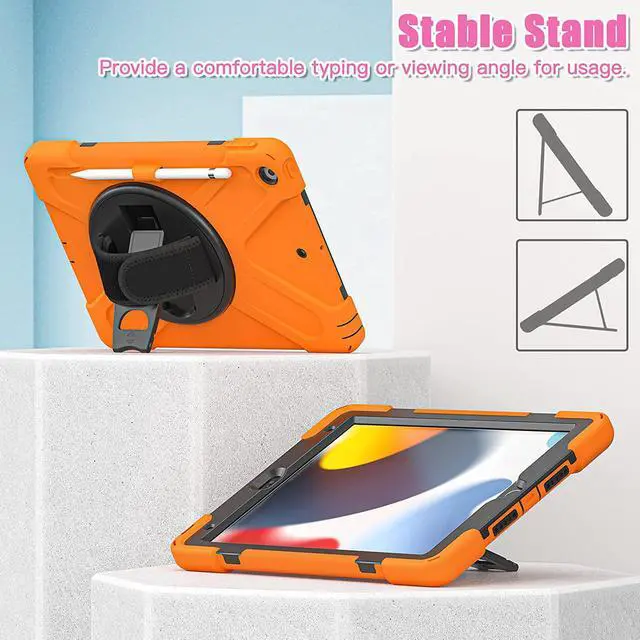 Alt view image 6 of 7 - iPad 10.2 9th Generation Case, Shockproof Heavy Duty, Kickstand, Handstrap, Carrying Sling Strap, Pencil Holder, Cover for Apple iPad 10.2 inch 9th 8th 7th Gen 2021/2020/2019 Shield Orange