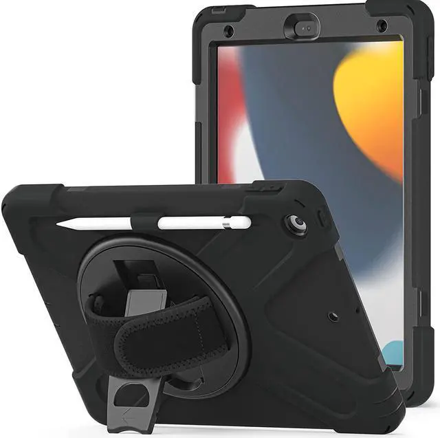 Main image of iPad 10.2 9th Generation Case, Shockproof Heavy Duty, Kickstand, Handstrap, Carrying Sling Strap, Pencil Holder, Cover for Apple iPad 10.2 inch 9th 8th 7th Gen 2021/2020/2019 Shield Black