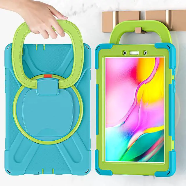 Alt view image 7 of 7 - Premium Galaxy Tab A 8.0 (2019) Ring Handle Case, Shockproof Heavy Duty Protection Case for Samsung Galaxy Tab A 8.0 T290/T295 (Light Blue/Lime Green)